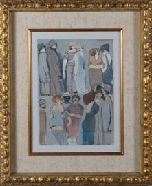 David Schneuer Gouache Painting of Crowd