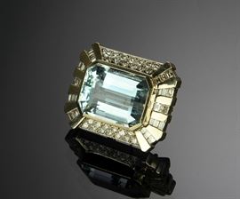 Art Deco 14K Gold, Diamond & Aquamarine Brooch