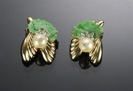 Vintage Gold, Diamond, Pearl & Jadeite Earrings