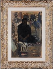 Randall Davey Oil on Board Street Vendor Painting