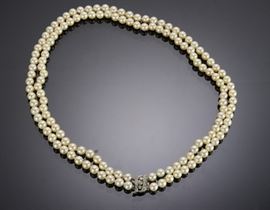 Estate Pearl Necklace with Gold & Diamond Clasp