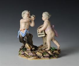 Meissen Ceramic Faun and Girl with Bird