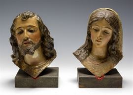 19th C Gesso Wood Santos Heads Mary & Jesus