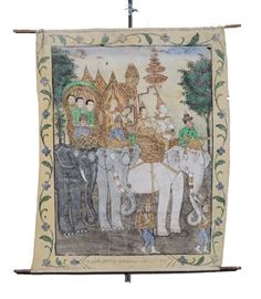 Thai Scroll Painting of Deity & Elephants, 19th C.