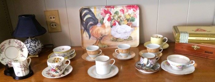Teacup Collection, Rooster Tray, Vintage Cigar Boxes, Small Lamp