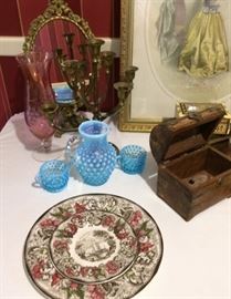 Two Royal Staffordshire "Safe Harbor" Plates, Multi-light Candle Holder, Cut to Clear Flash Glassware, Blue Hobnail Pitcher Set