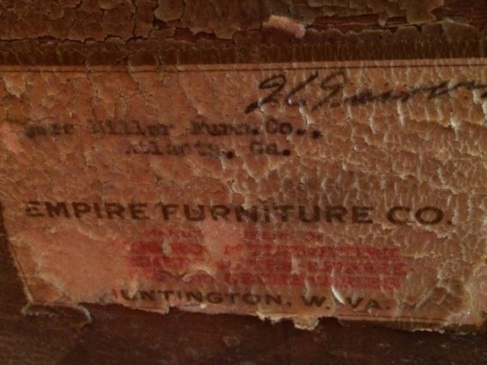 Label on Small Antique/Vintage Sideboard (Empire Furniture Company Dates this Piece to pre-1905)