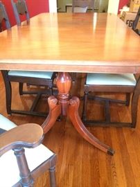 Dining Room Table, 6 Trestle Style Chairs 