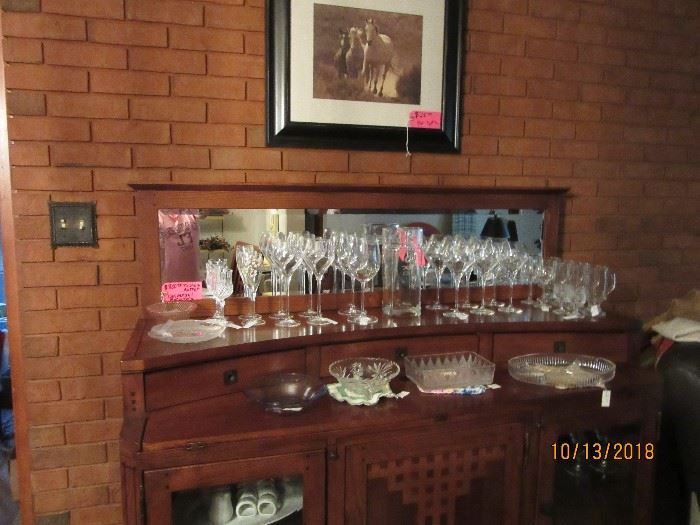 Buffet and Vintage dishes and crystal 