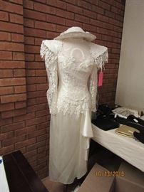 Vintage wedding dress, hat, shoes and dress form.