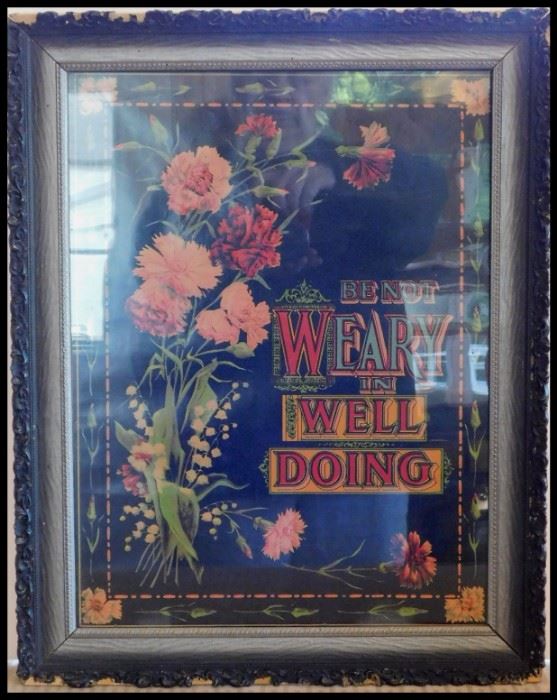  Antique Print with Carnations and Lilies of the Valley Flowers "Be Not Weary in Well Doing."