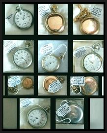 Watches including Waltham, Hamilton, Elgin, Illinois, and Hampden.