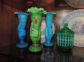 19th C. Bristol Glass HAND VASES w/ Enamel Decoration