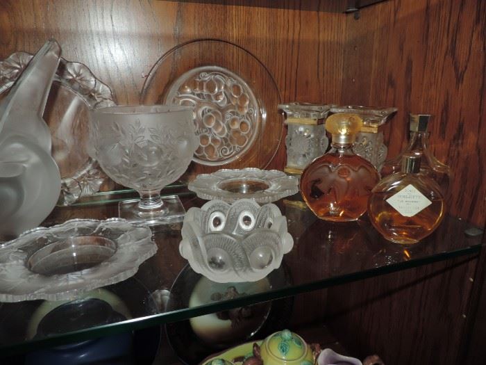 More Lalique, bowl, plates, more perfume bottles (candle sticks have damages) 