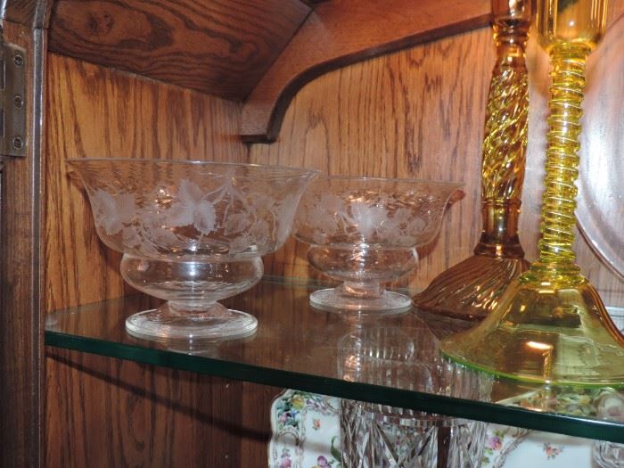 1st Shelf - right side: Steuben Engraved Bowls