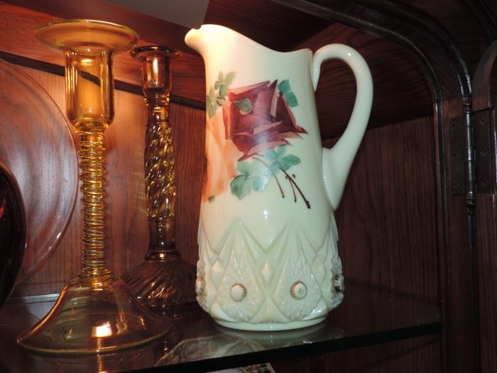 Custard Glass Tall Pitcher with Roses 