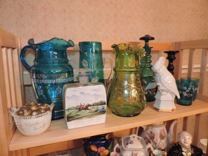 Glassware, Tiffin items, enamel decanter 