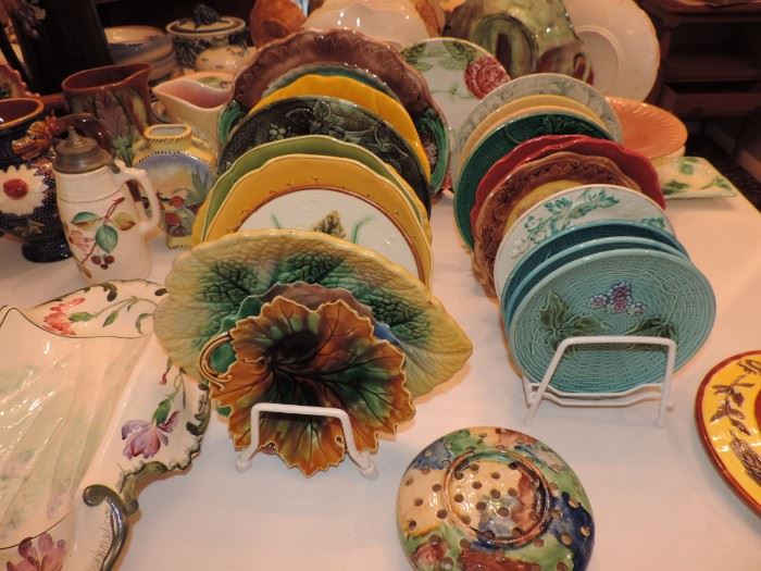 Then we have Majolica "flatware" some of the pieces FUN with chickens, transfer patterns, leaf and berries...