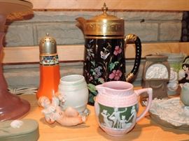 Unique Jackfield Decorated Jug at center with original gilt metal lid ! 
