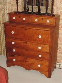 Fine 19th Century TIGER MAPLE American Chest with Glove Drawers and White Ceramic Knobs . 