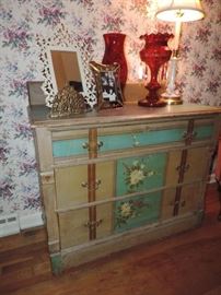 FUN ! Cottage Painted Chest of Drawers with Floral Pattern in OLD PAINTED SURFACE 