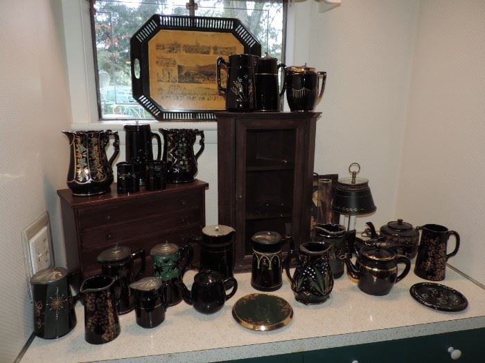 Some of the Jackfield Pottery - corner cabinet and small wooden box with drawers 