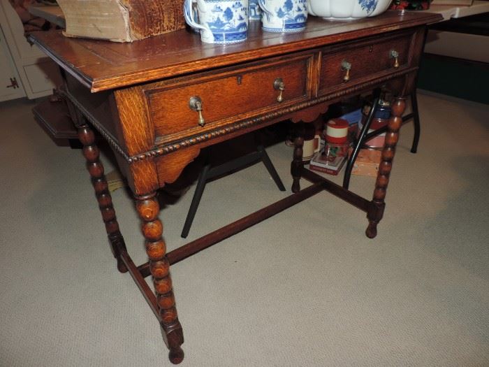 English 2 Drawer Small Desk or Hall Table with LEATHER TOP
