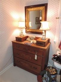 Antique Dresser, shown with "Cordey" bust lamps, Victorian Mirror...
