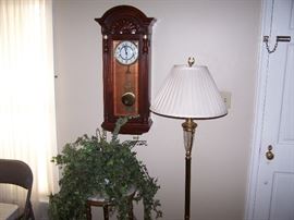BRASS FLOOR LAMP, FAUX PLANT ON MARBLE-TOP STAND, VINTAGE WALL CLOCK