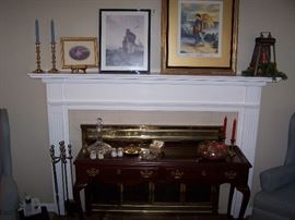 FRAMED PRINTS, BRASS CANDLESTICKS, QUEEN ANNE-STYLE SOFA TABLE & MISC.