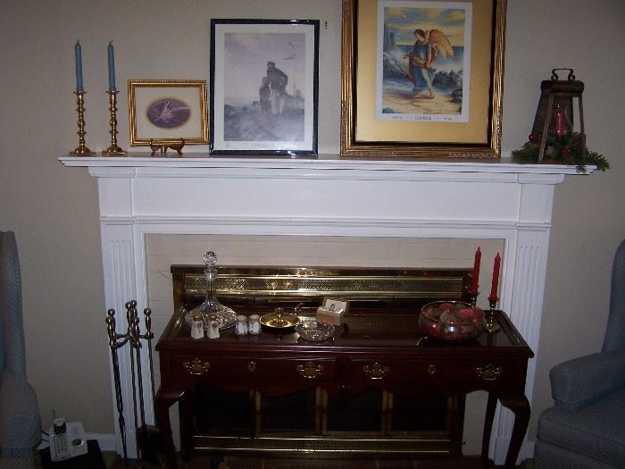 FRAMED PRINTS, BRASS CANDLESTICKS, QUEEN ANNE-STYLE SOFA TABLE & MISC.