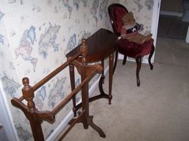 QUILT RACK, DEMI-LUNE TABLE, VICTORIAN-STYLE CHAIR & TEDDY BEAR
