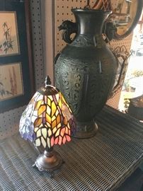 Small Stained Glass Lamp and Vintage Bronze Vase with Bird Handles