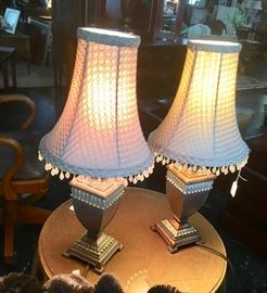 Pair of Small Gold Lamps with Beaded Shades