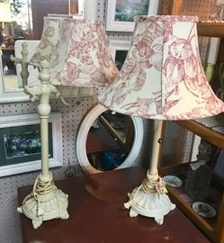 Pair of Beige Lamps with Red & White Shades in a Vintage Pattern
