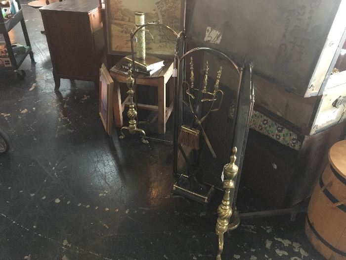 Brass Fireplace Set, Screen & Brass Irons