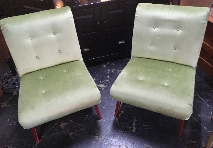 2 Matching Mid Century Modern Green Velvet Chairs