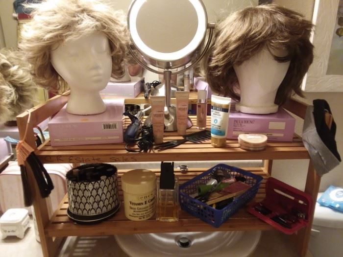 Wigs and bathroom items