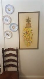 Ladder back chair (part of set), signed Theorem Painting, & decorative wall-hanging plates.