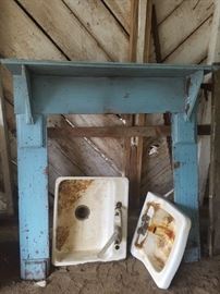 Vintage/primitive wooden mantle, sinks. Architectural salvage. 