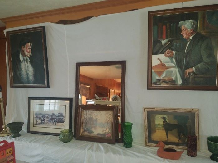 Art including originals, Billy Morgan artist proofed "Macon County Life," vintage prints, vases, & mirror. 