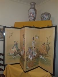 Asian art including Chinese folding screen and vases.