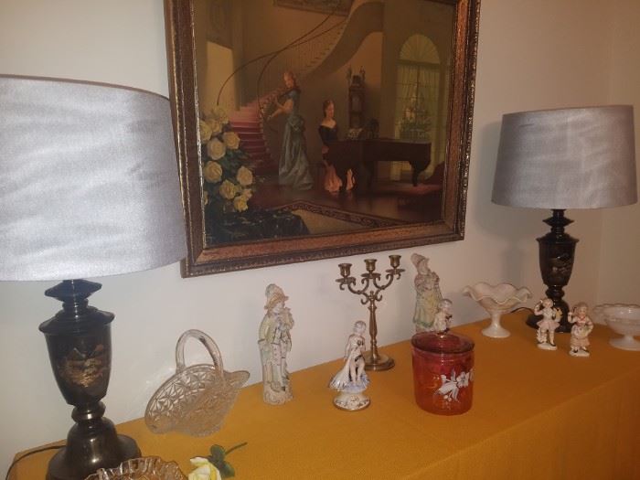 Metal Asian matching table lamps, Fenton cranberry canister, Capodimonte figurines, & more.