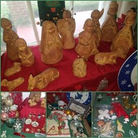 Christmas décor including pottery nativity scene, vintage ornaments including Snoopy (1958-1966), & more!