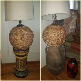 Mexican pottery pedestal, Mexican pottery large vase, & set of table lamps