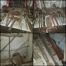 Antique & vintage farm tools including auger, oil can funnel, bull castrator, bolt cutters, top links, pipe wrenches, blacksmith tongs, & more. 