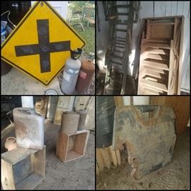 Tractor front wheel weights, crossroads sign, attic ladder, deer stand ladder, vintage gas cans, & more. 