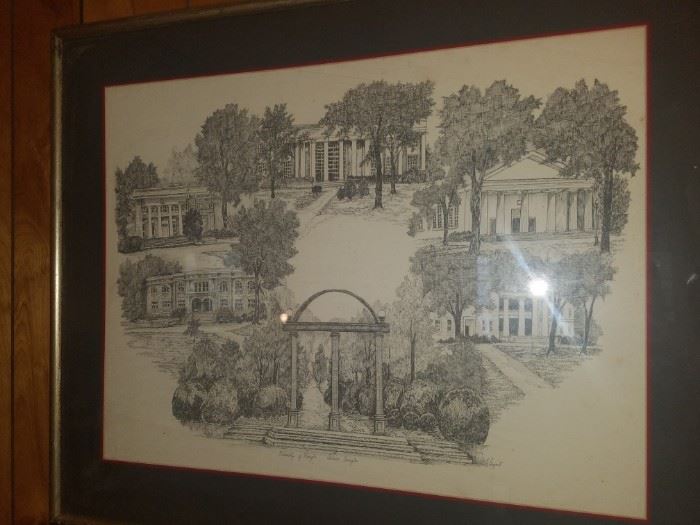 UGA University of Georgia framed sketch/etching