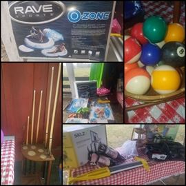 Rave Sports O-Zone pull behind float with slide and smaller floats. New in Box. Other water toys, pool/cue sticks, 8-ball billiards set, pogo stick, Coleman stove, SKLZ basketball return. 