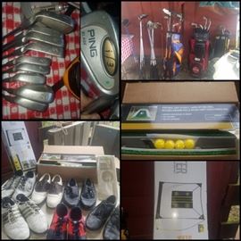 Ping Blades i/3 iron set plus driving iron, golf shoes including Footjoy & Nike, clubs including youth, left handed, right handed, putters, Mizuno bag, Coca-Cola bag, SKLZ net & more golf stuff!